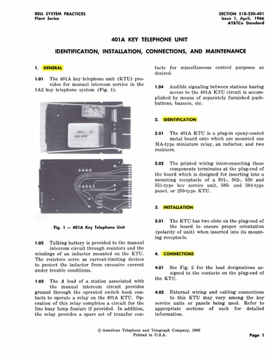 518-220-401 ~ 401A KTU I.D., Installation, Connections, Maintenance