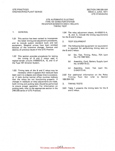 GSP GTEP 240-205-504 i2 Jun71 - GTE AE Type-101 Director Sys - Reg Sndr B and C Rly Timing Tests