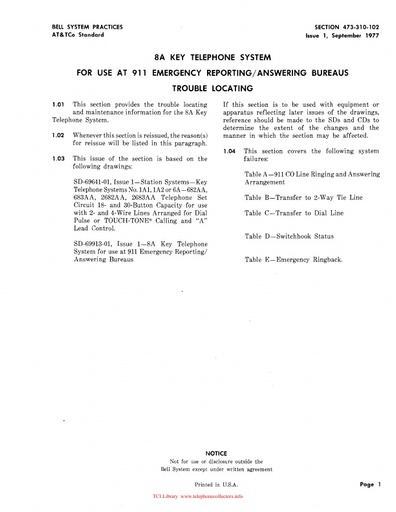 473-310-102 i1 Sep77 -A KTS for use at 911 Emergency Reporting Answering Bureaus Trouble Locating