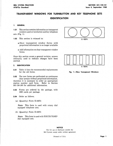 501-150-101 i4 Sep80 - Transparent Windows for Turnbutton and Key Telephone Sets - ID