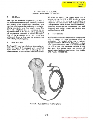 GTE Automatic Electric - CI-108-2 i1 - Type 801 Hand Test Telephone - Customer Instruction