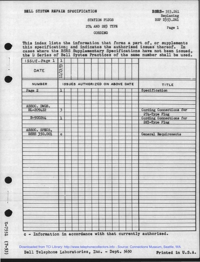 BSRS 353.261 i1 Nov53 - Station Plugs 274 and 283 Types Cording