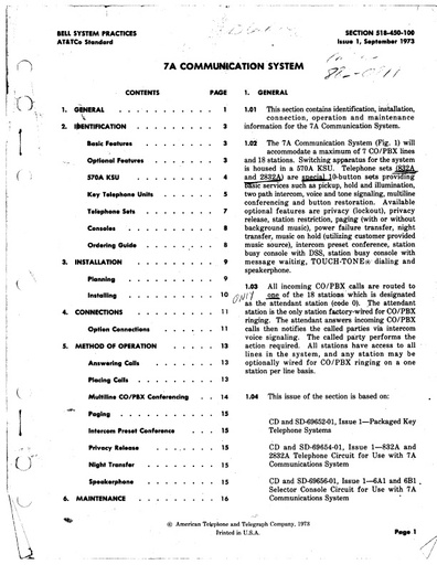 518-450-100 i1 Sep73 - 7A Communication System - ComKey 718