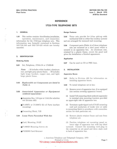502-706-103 i1 mar 1970 reference 1753 type telephone sets