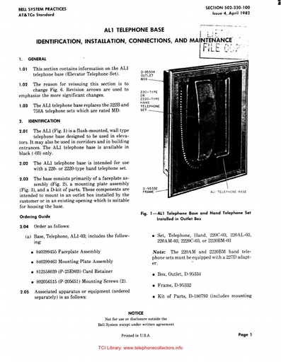 502-330-100 i4 Apr82 - AL1 Elevator Tel Base for Trimline