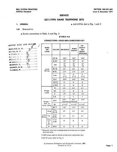 502-321-401 i2 - 2211 type Hand Tel Sets - Service