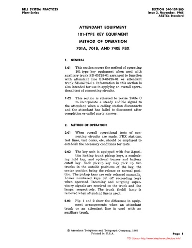 540-107-300 i2 Nov65 - ATTENDANT EQUIPMENT - 101 Type Key Equip - Method of Operation - 701A 701B 740E PBX