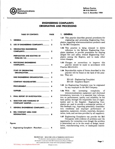 010-700-010BA i5 Dec84 - Engineering Complaints - Originating and Processing