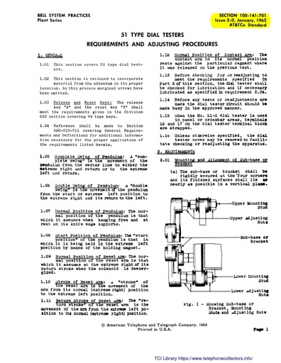 100-141-701 i3D Jan62 - 51-type Dial Testers Requirements, Adjusting Procedures