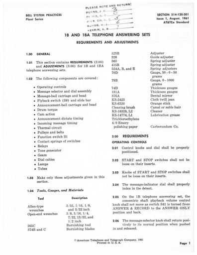 514-120-301 i1 Aug61 - 1B, 1BA Answering Sets Requirements andAdjustments