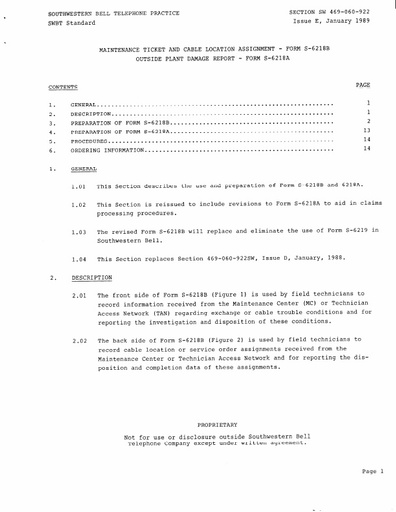469-060-922 SW iE Jan89 - Forms S-6218B and S-6218A