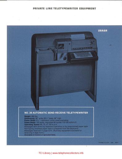 Private Line Teletypewriter Equipment 28ASR February 1963 Marketing Brochure