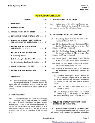 Traffic Operating Practice Div K Sect 1 Mar67 - Verification Operators