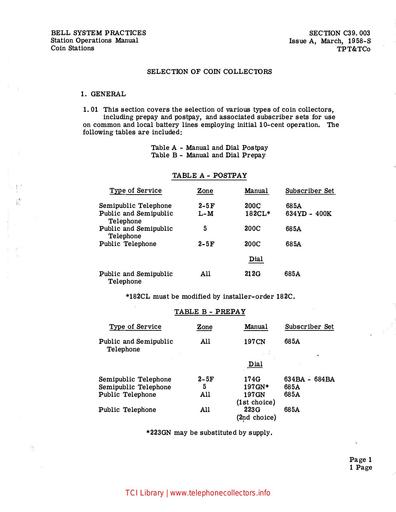 C39.003 Selection of Coin Telephones, Issue A, March 1958
