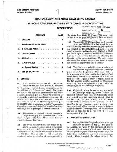 103-231-102 i2 Aug71 - Transmission and Noise Meas System 1W Amplifier Rectifier C Message wt