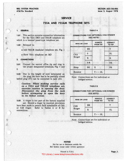 502-750-405 i3 aug 1978 service 755a and0 755am telephone sets