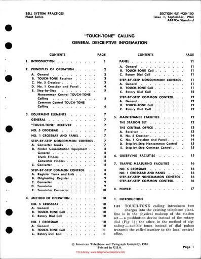 951-920-100 i1 Sep63 - Touch-Tone Calling