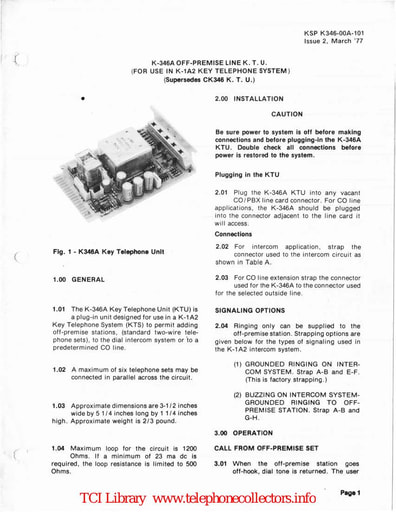 ITT KSP K346-00A-101 i2 Mar77 - K 346A Off Premise Line KTU for 1A2