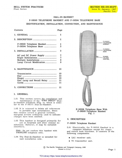 502-150-901PT iB Jan67 - F-56593 Tel Handset and F-56594 Base - ID Inst Conn Maint