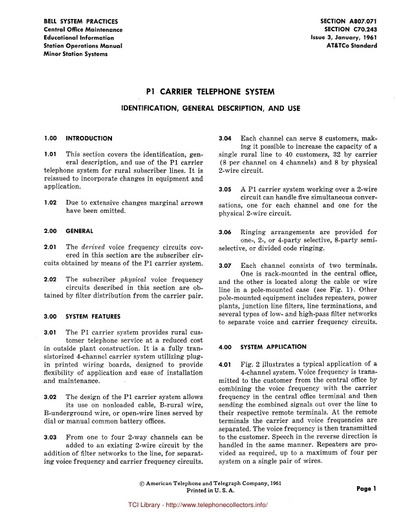 A807.071 C70.243 i3 Jan61 - P1 Carrier Telephone System - Id General  Desc Use
