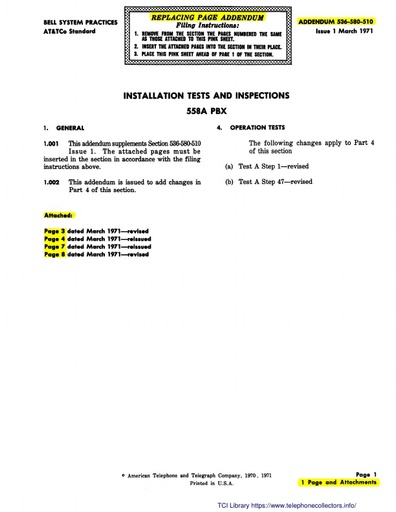 536-580-510 Add i1 Mar71 - 558A PBX - Instal, Tests and Inspections