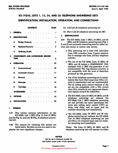 514-155-100 i6 Apr82 - KS-19245 - Tel Answering Sets - ID Inst Oper and Conn