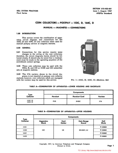 510-420-401 i1 Aug57 - Coin Collectors - Postpay - 152C 152D 164C 164D - Manual   Magneto - Connections