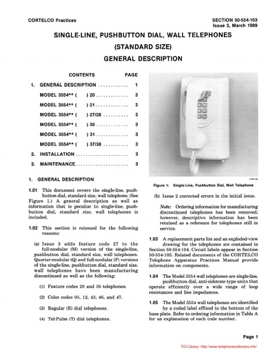 Cortelco 50-554-103 i2 Mar89 - 3554 Telephone - General Desc