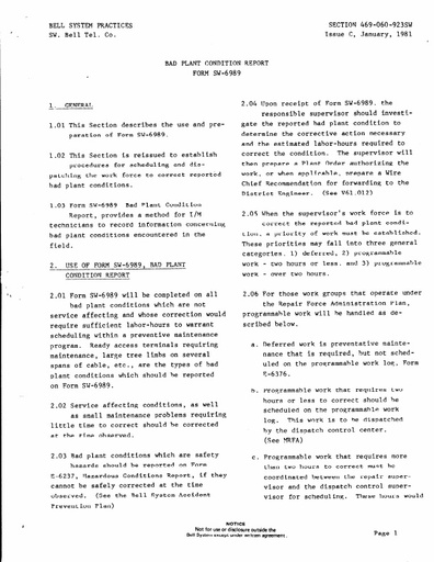 469-060-923 SW iC Jan81 - Bad Plant Condition Report - Form SW-6989