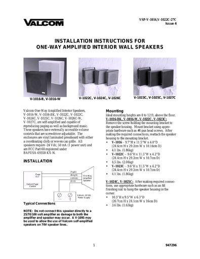 Valcom VSP-V-1016,V-1022C-27C Issue 4 - One-Way Amplified Interior Speakers
