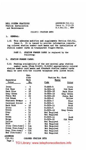 C30.011 ADD iA,  May54, NY Tel - Colored Station Sets