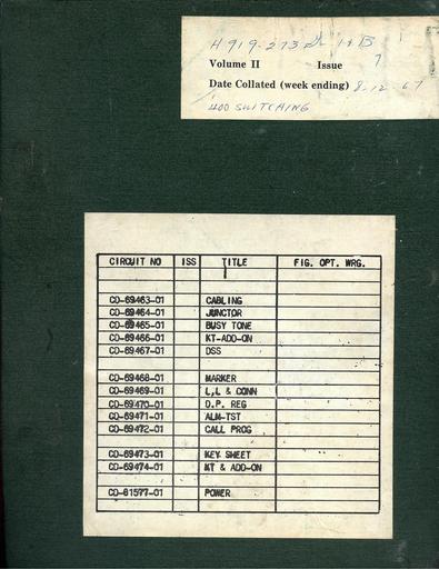 Switching System 400 Circuit Descriptions - part 1 of 2 - Index
