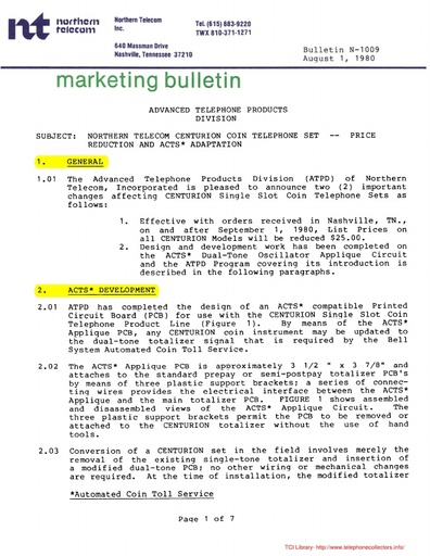 NT Marketing Bulletin N-1009 - Centurion Coin Telephone Set   Price Reduction and ACTS Adaptation   08-01-80