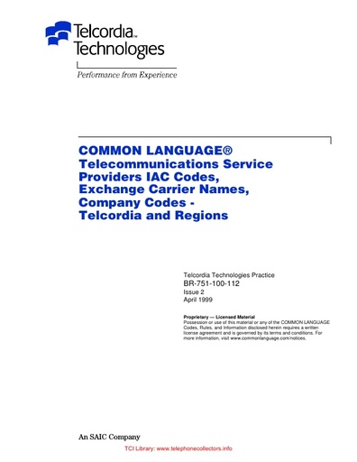 BR-751-100-112 i2 Apr99 - Telcordia Code Tables