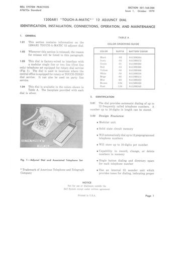 501-164-204 i1 Oct79 - Dials, 1200AR Adjunct - Touch-a-Matic 12