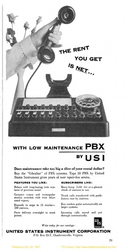 USI ad Oct57 - Type 30 PBX Attendents Console