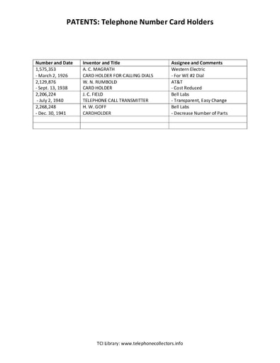 Patents - Telephone Number Card Holders