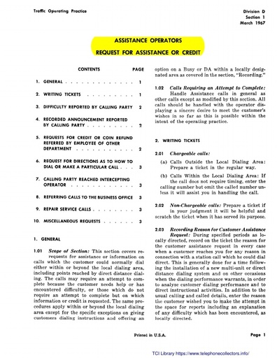 Traffic Operating Practice Div D Sect 1 Mar67 - Assistance Operators Request for Assistance or Credit