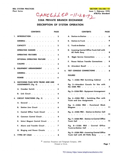 536-580-110 i1 Feb70 - 558A PBX - Description of Operation