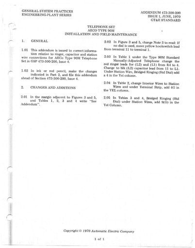 473-300-200 i1 JUN 1970 ADDENDUM TELEPHONE SET AE CO TYPE 90M
