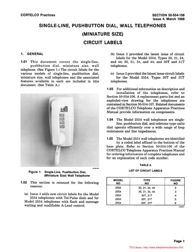 Cortelco 50-554-108 i4 Mar89 - 2554 Pushbutton Dial Wall Telephones Circuit Labels