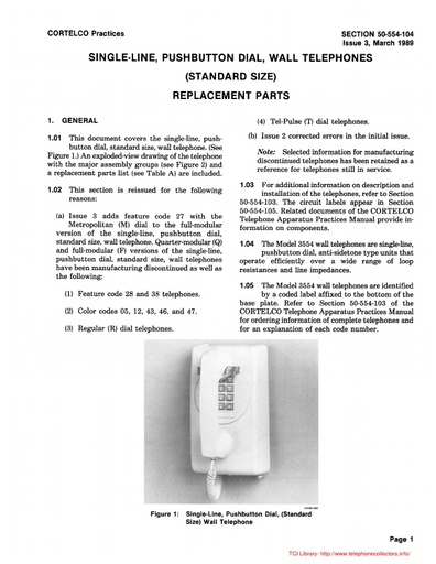 Cortelco 50-554-104 i3 Mar89 - 3554 Wall Telephone - Replacement Parts