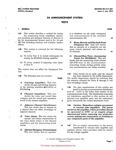 201-511-501 i4 Jul74 - 5A Announcement System - Tests
