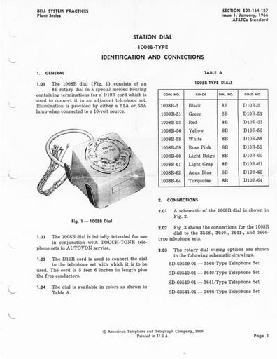 501-164-127 i1 Jan66 - Station Dials, 1008B Adjunct - Rotary