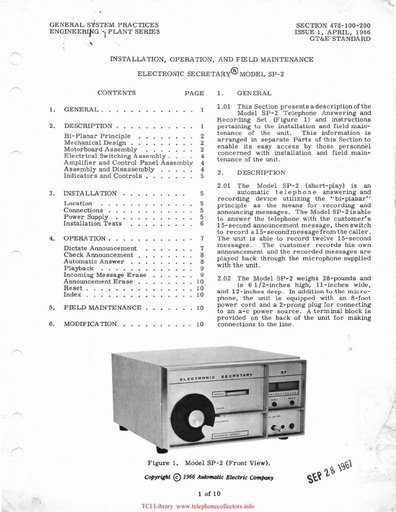 GSP GTEP 478-100-200 i1 Apr66 - Electronic Secretary SP-2 - Inst Op Maint