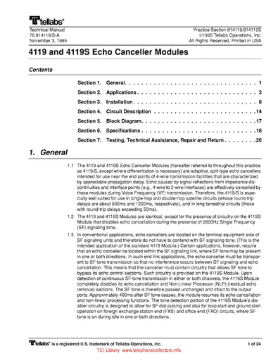 Tellabs - 4119 and 4119S Echo Canceller Modules
