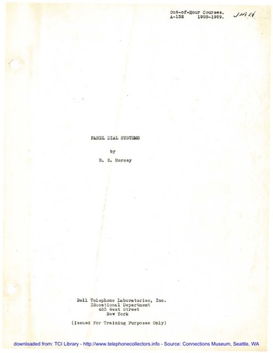 Panel Dial Systems - R. E. Hersey - BTL 1929