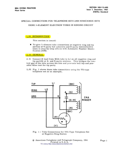 500-115-400 i1 Dec61 - Connections for Tel and Sub Sets w 3-Element Electron Tubes in Ringing Circuit