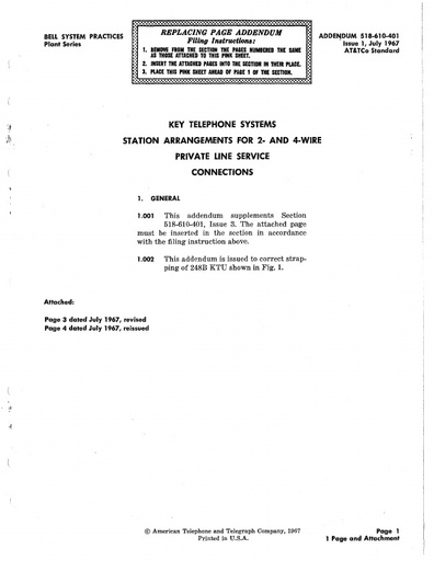 518-610-401 i3 Jan 1967 key telephone systems station arrangements for 2 and 4 wire conn