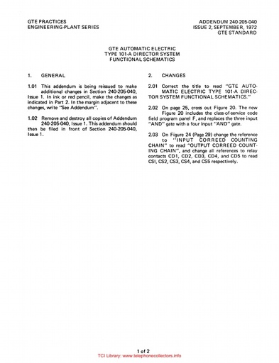 GSP GTEP 240-205-040 Add i2 Sep72 - GTE AE Type-101A Director Sys   Func Schemats